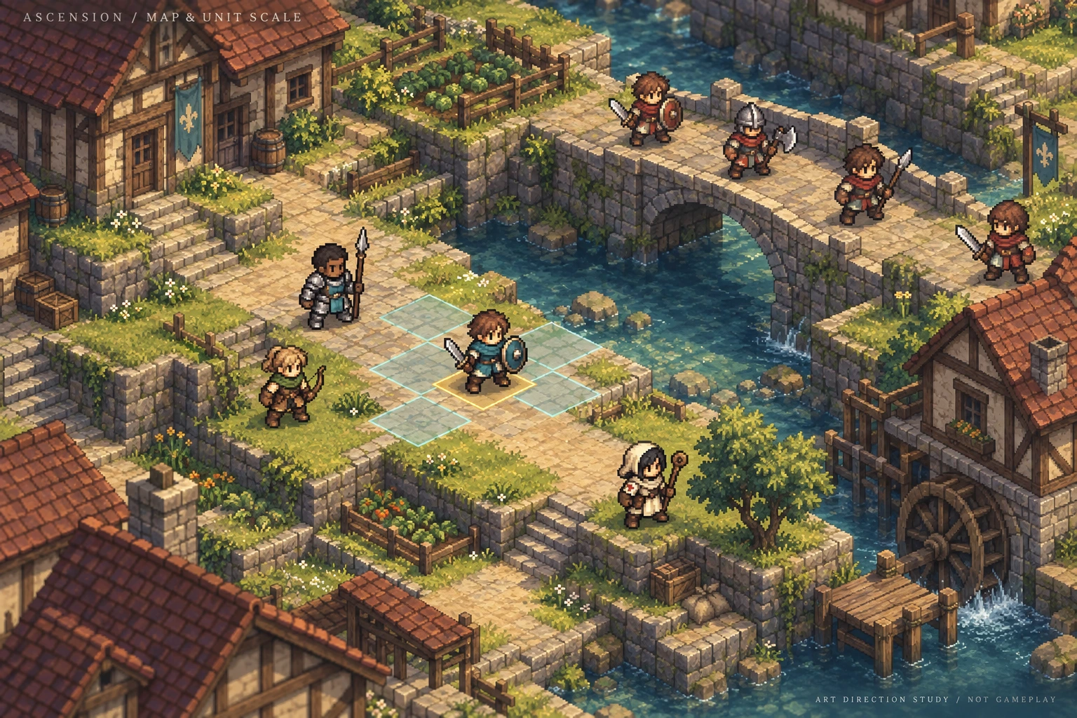 Compact sprite units on a richer river village battlefield