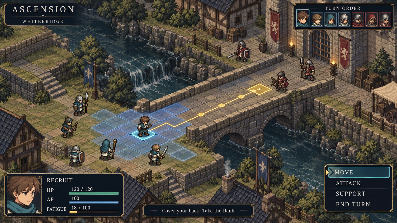 Ascension tactical-map concept: teal recruits approach red crown guards across a stone bridge, with movement overlays, AP and fatigue controls.