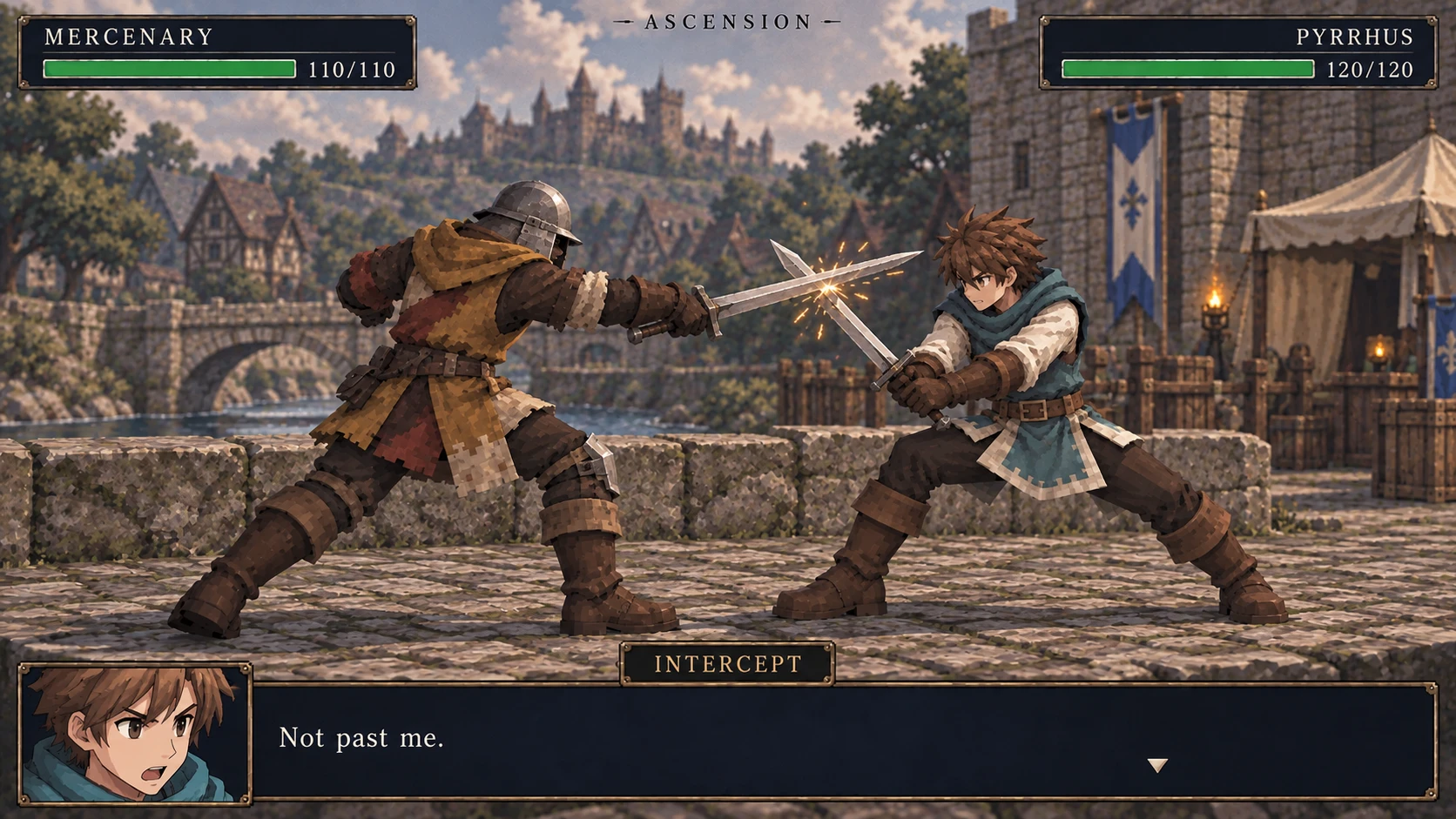 A low-poly battle close-up of Pyrrhus against a mismatched mercenary on the Whitebridge causeway, with a visible sword bind, grounded fighters and health bars.